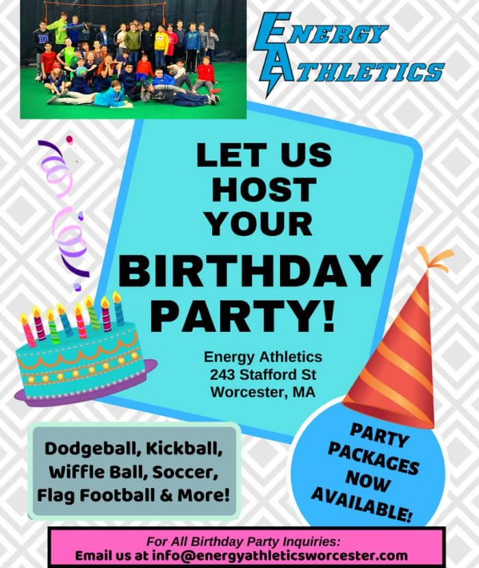 Children gathered for a sports birthday party at Energy Athletics
